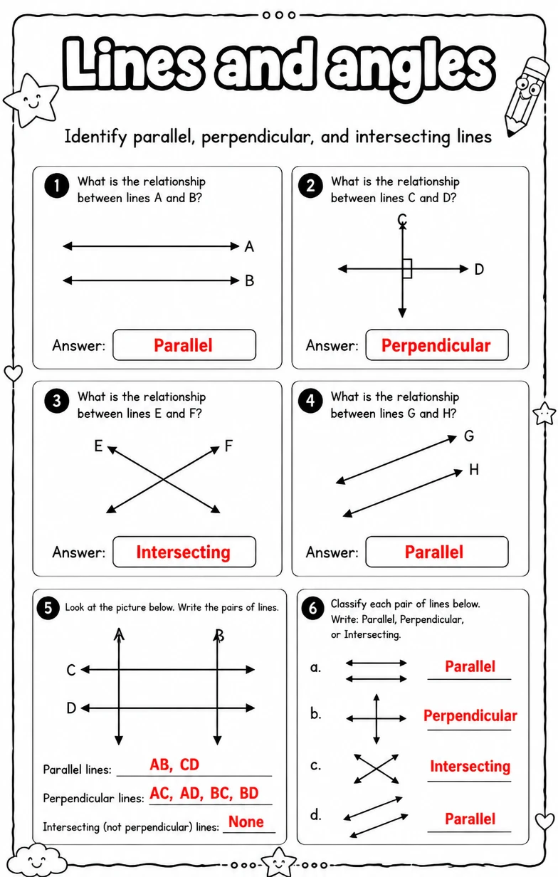 Answer key for Identify parallel, perpendicular, and intersecting lines — free printable Math worksheet