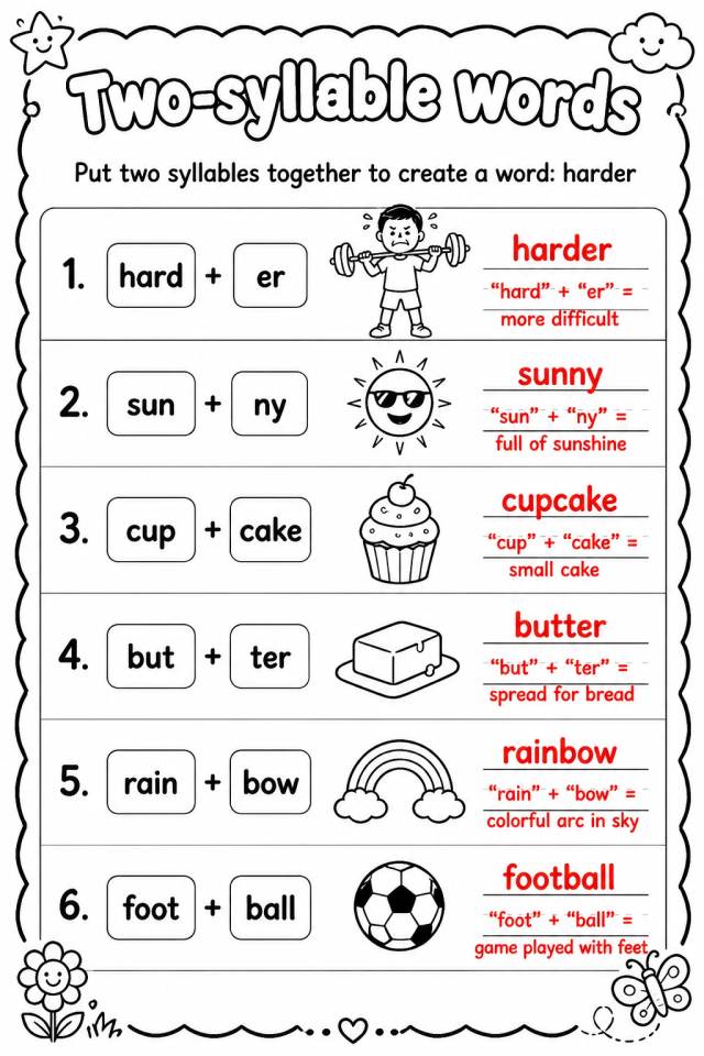 Answer key for Put two syllables together to create a word: harder — free printable English & Reading worksheet
