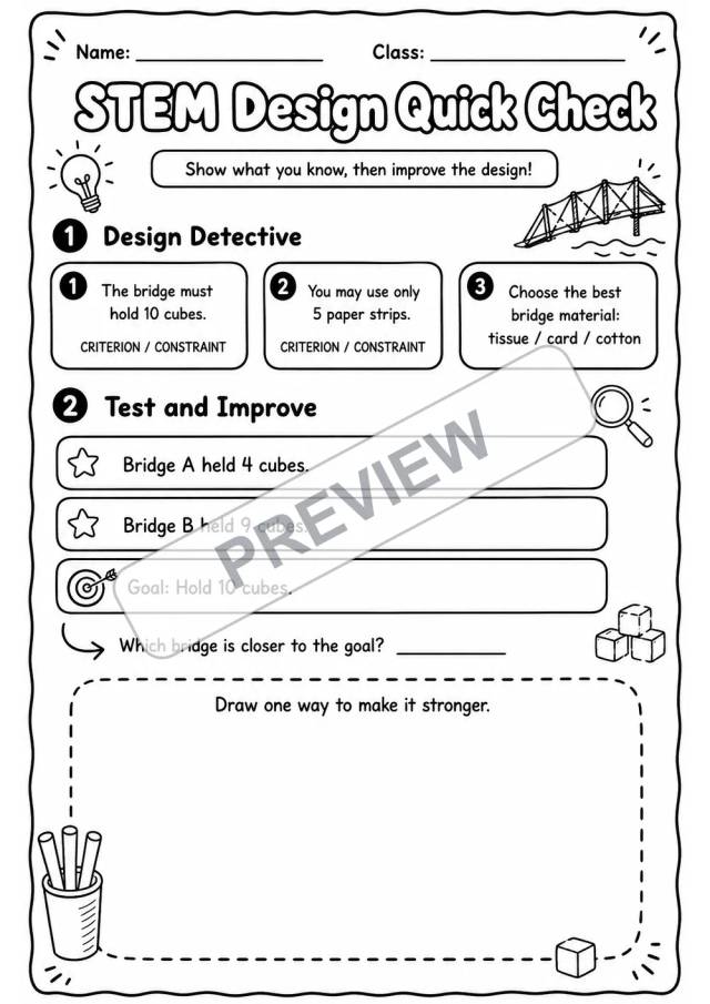 STEM Design Quick Check Worksheet | Engineering Design | Grades 2-5 watermarked worksheet preview