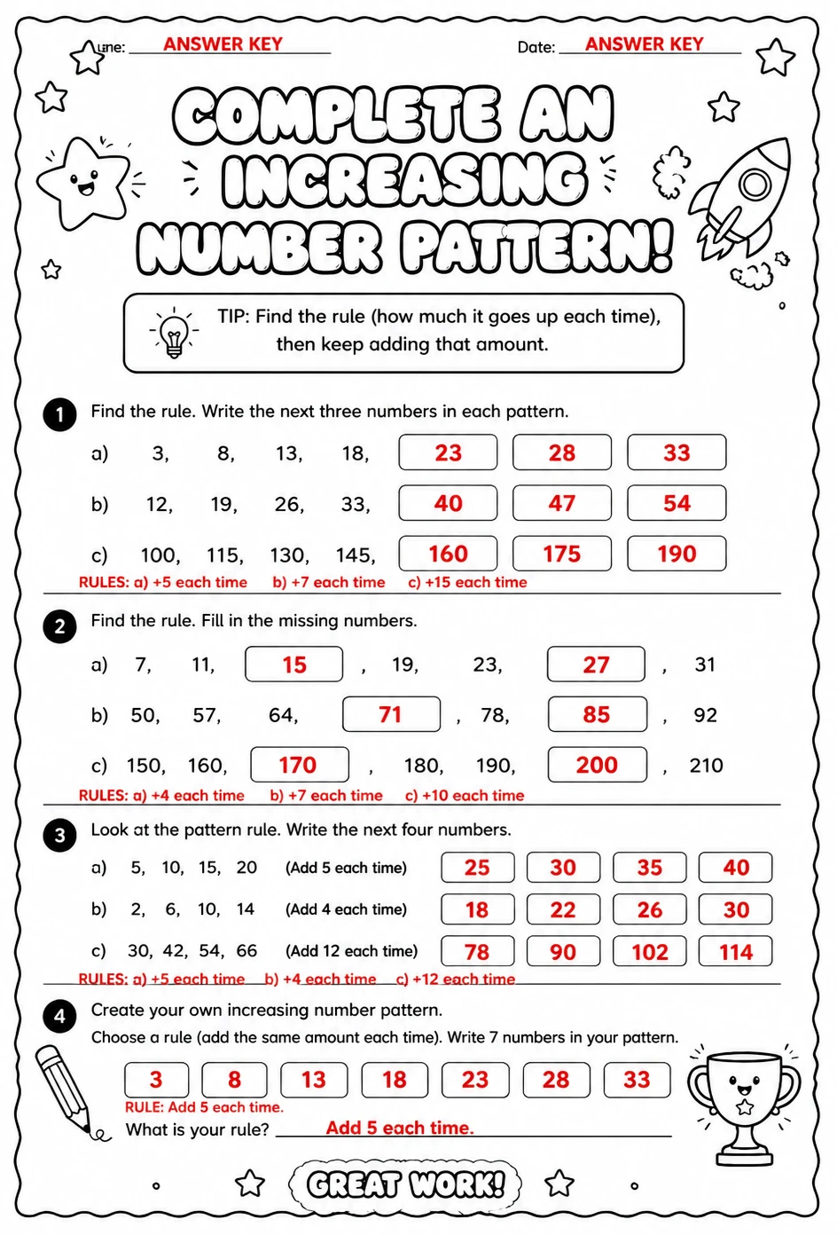 Answer key for Complete an increasing number pattern — free printable Math worksheet