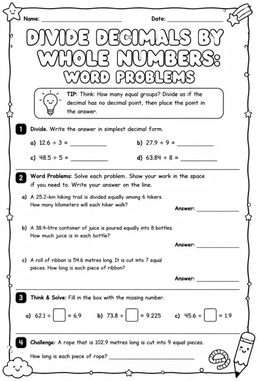 Divide decimals by whole numbers: word problems