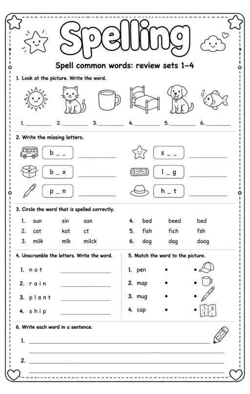 Spell common words: review sets 1–4