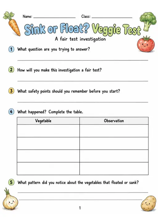 Sink or Float? Veggie Test - Grade 3 Science Worksheet
