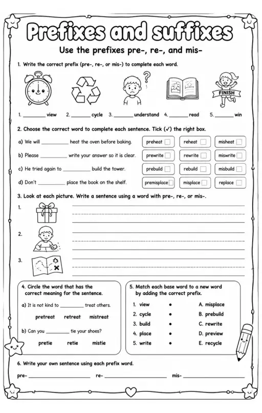 Use the prefixes pre-, re-, and mis-