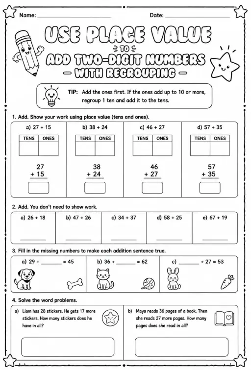 Use place value to add two-digit numbers - with regrouping