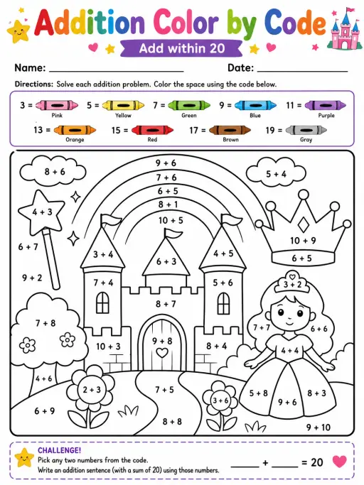 Addition Color by Code: Add within 20