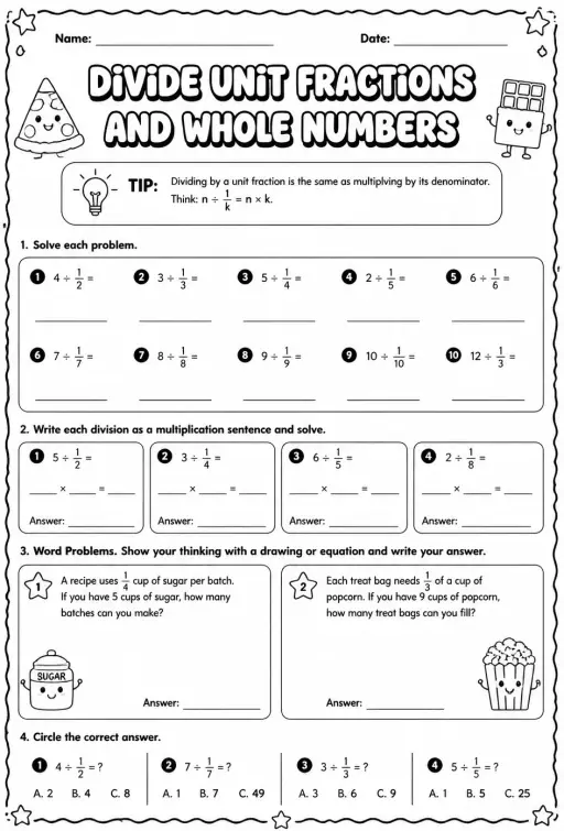 Divide unit fractions and whole numbers