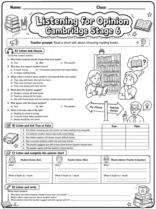Listening for Opinion Cambridge Stage 6 - Should Students Choose Their Own Books