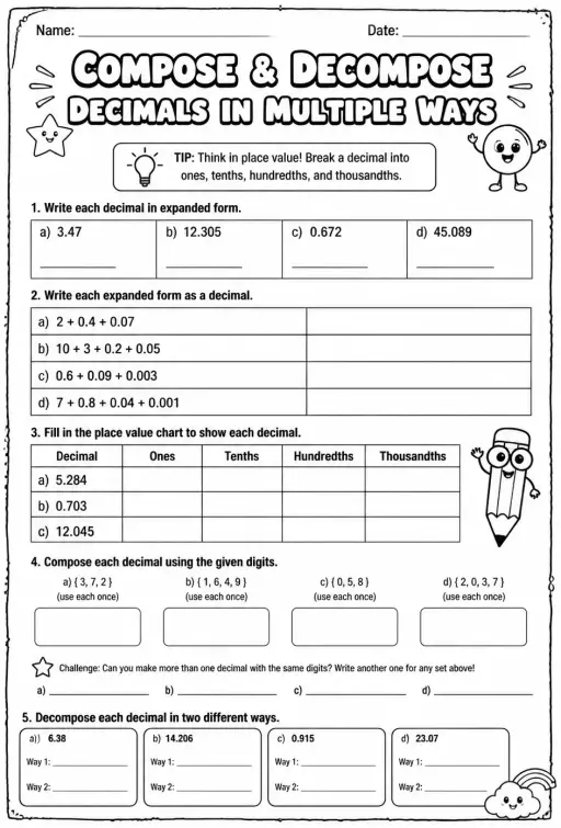 Compose and decompose decimals in multiple ways