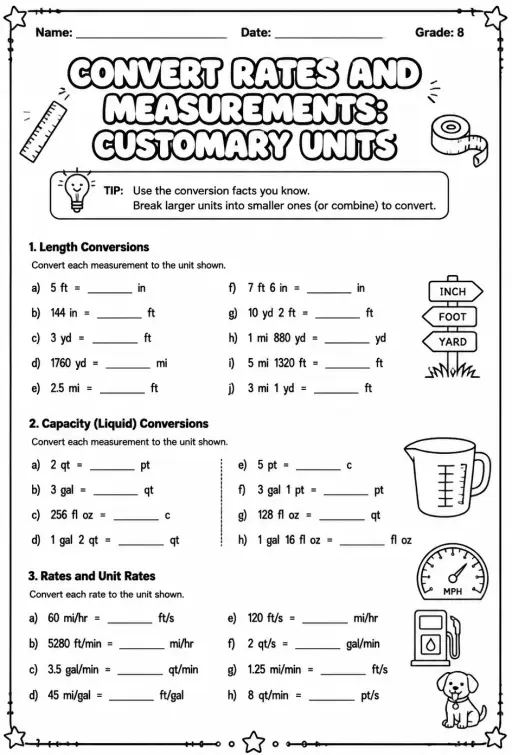 Convert rates and measurements: customary units