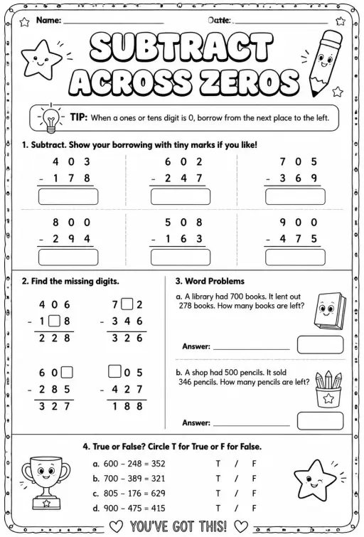Subtract across zeros