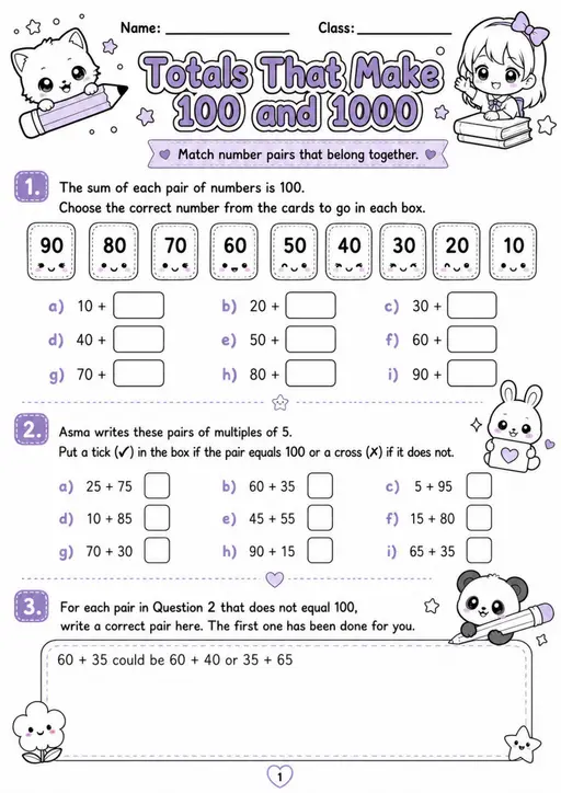 Totals That Make 100 and 1000 - Grade 3 Math Worksheet - WKS-MAT-grade-3-XH-0092-EN
