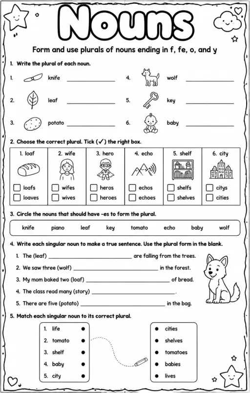 Form and use plurals of nouns ending in f, fe, o, and y