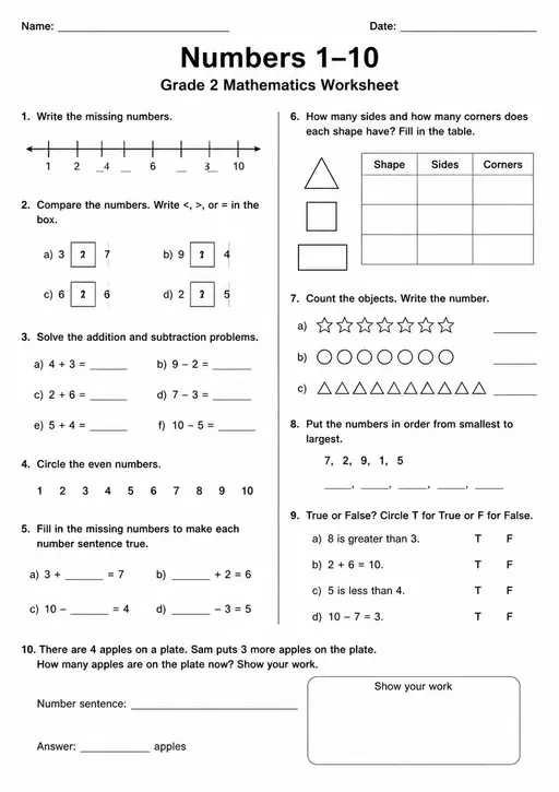 Free Printable Grade 2 Math Numbers 1-10 Worksheet
