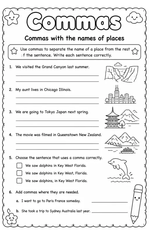 Commas with the names of places