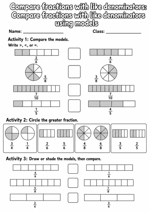 Grade 3 Compare Fractions With Like Denominators Math Worksheet Pack