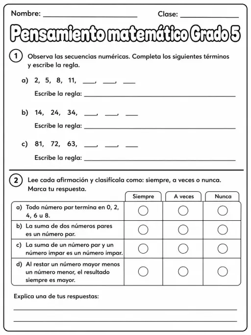 5.º grado - repaso de matemáticas - Paquete de fichas