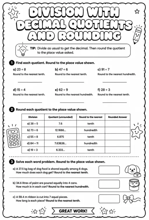 Division with decimal quotients and rounding