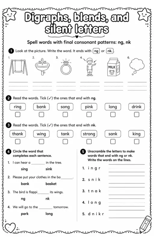 Spell words with final consonant patterns: ng, nk