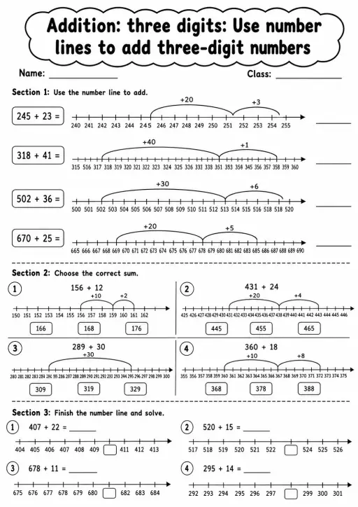 Grade 3 Addition: Three Digits Math Worksheet Pack