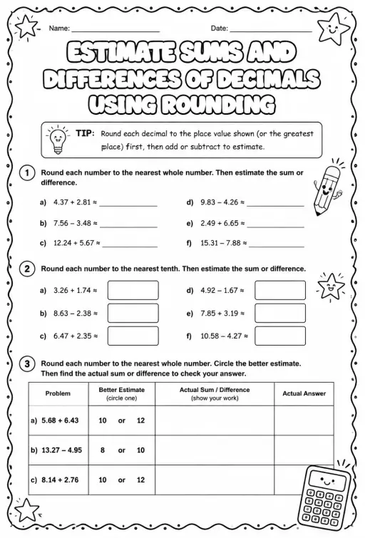 Estimate sums and differences of decimals using rounding