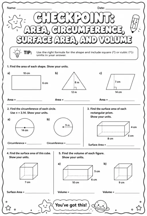 Checkpoint: Area, circumference, surface area, and volume
