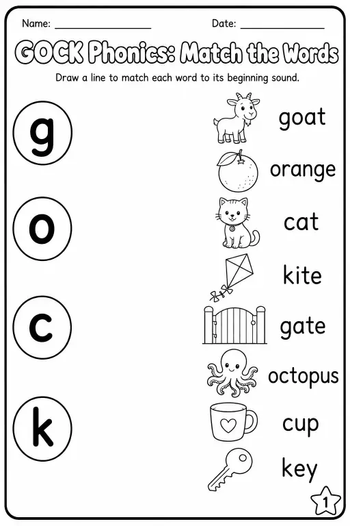 Beginning Sounds Phonics Match the Words - G O C K Worksheet Pack