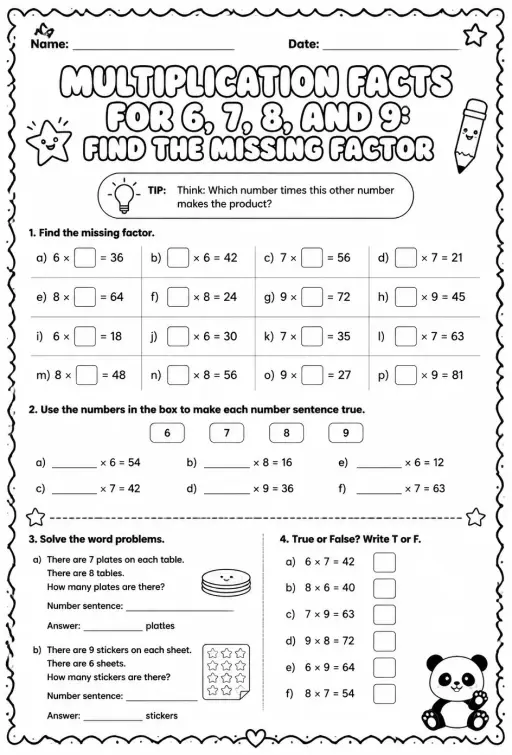 Multiplication facts for 6, 7, 8, and 9: find the missing factor