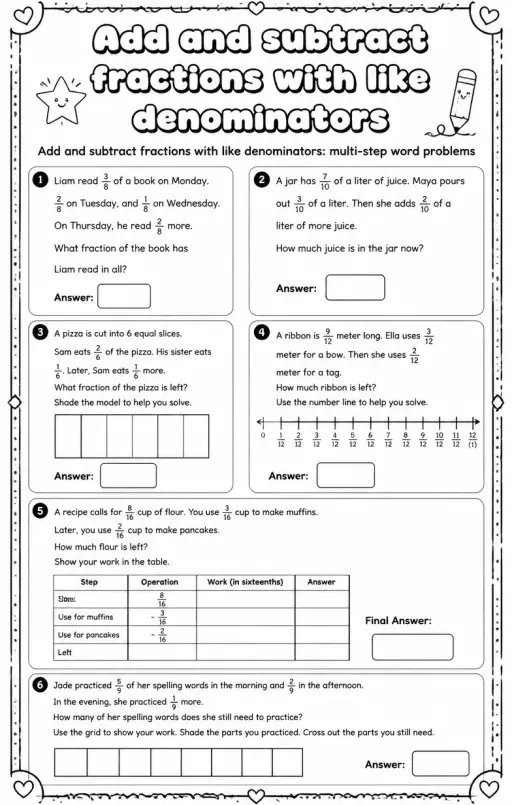 Add and subtract fractions with like denominators: multi-step word problems