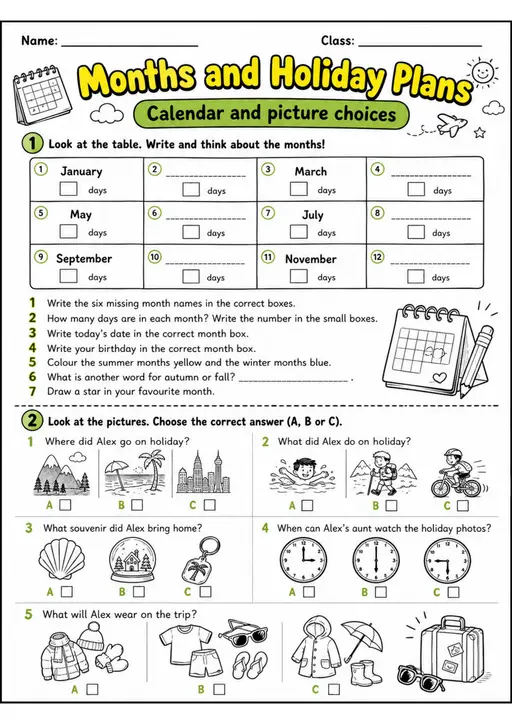 Cambridge Flyers - Months and Holiday Plans | Free Worksheet
