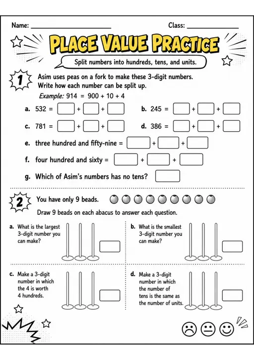 PLACE VALUE PRACTICE - Grade 3 Math Worksheet - grade 3 Diagrams, models, and drawing tasks
