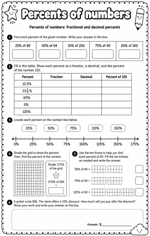 Percents of numbers: fractional and decimal percents