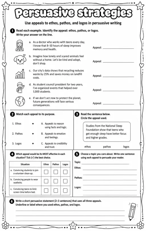 Use appeals to ethos, pathos, and logos in persuasive writing