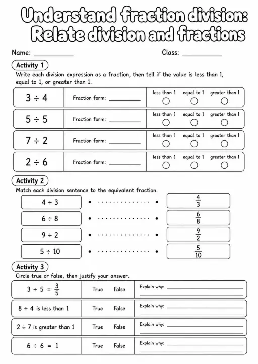 Grade 5 Understand Fraction Division Math Worksheet Pack