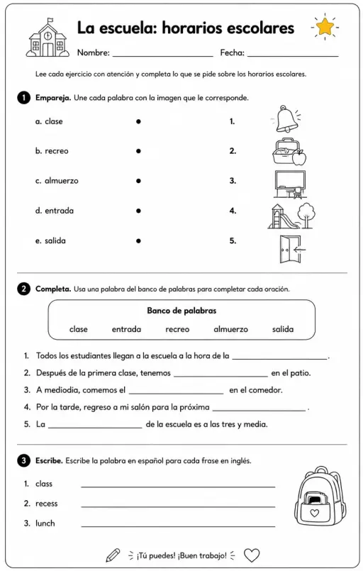 Reconocer palabras, frases u oraciones en español relacionadas con horarios escolares.