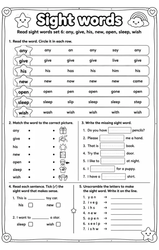 Read sight words set 6: any, give, his, new, open, sleep, wish