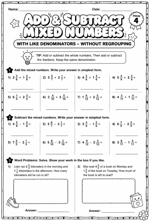 Add and subtract mixed numbers with like denominators - without regrouping
