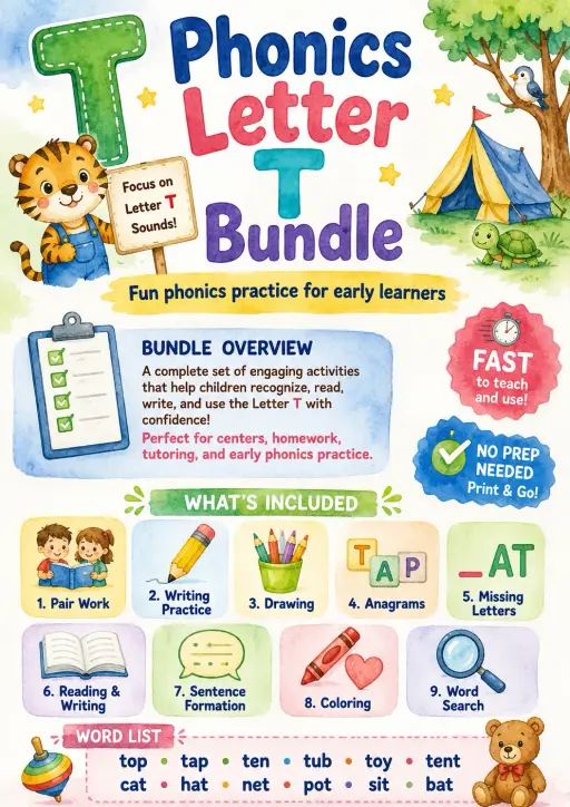 Letter T Phonics Worksheets Pack