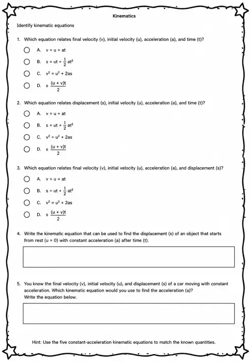 Identify kinematic equations