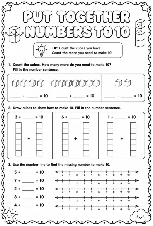 Put together numbers using cubes - sums up to 10