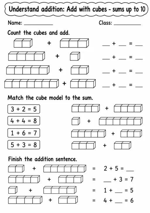 Grade 1 Understand Addition Math Worksheet Pack