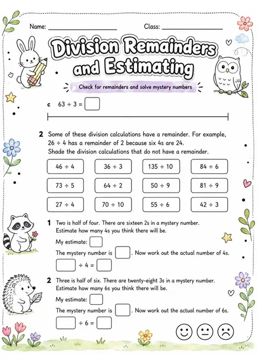 Division Remainders and Estimating - Grade 3 Math Worksheet