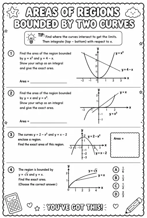 Areas of regions bounded by two curves: functions of x