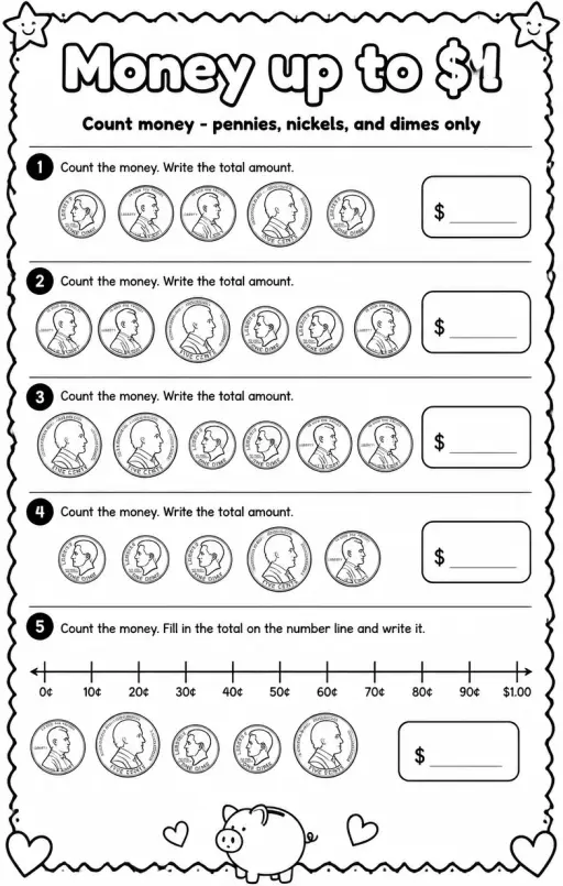 Count money - pennies, nickels, and dimes only