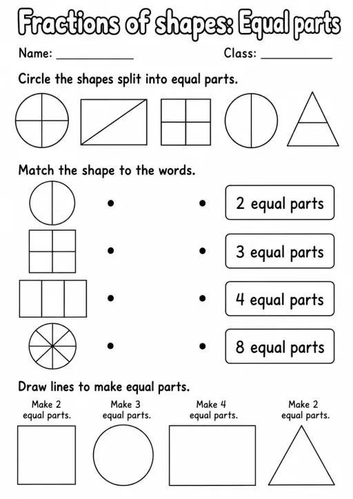 Kindergarten Fractions of Shapes Math Worksheet Pack