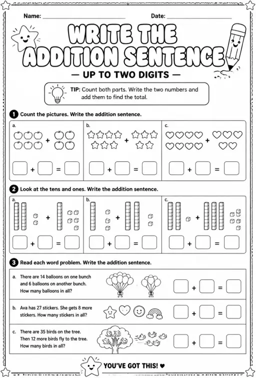 Write the addition sentence - up to two digits