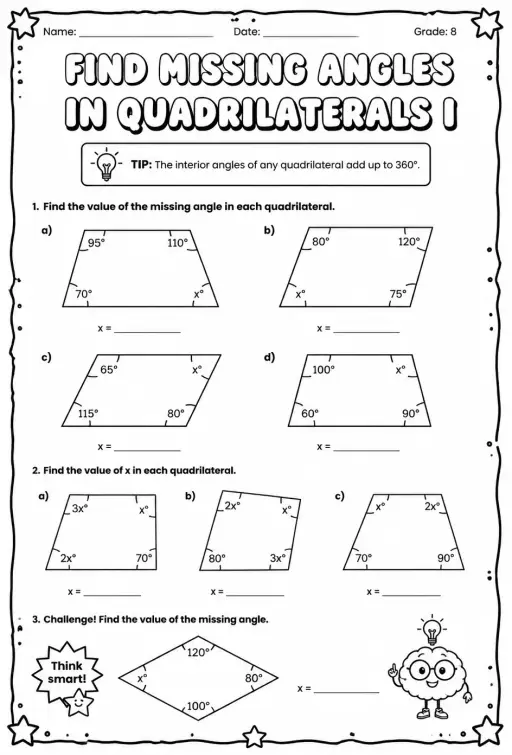 Find missing angles in quadrilaterals I