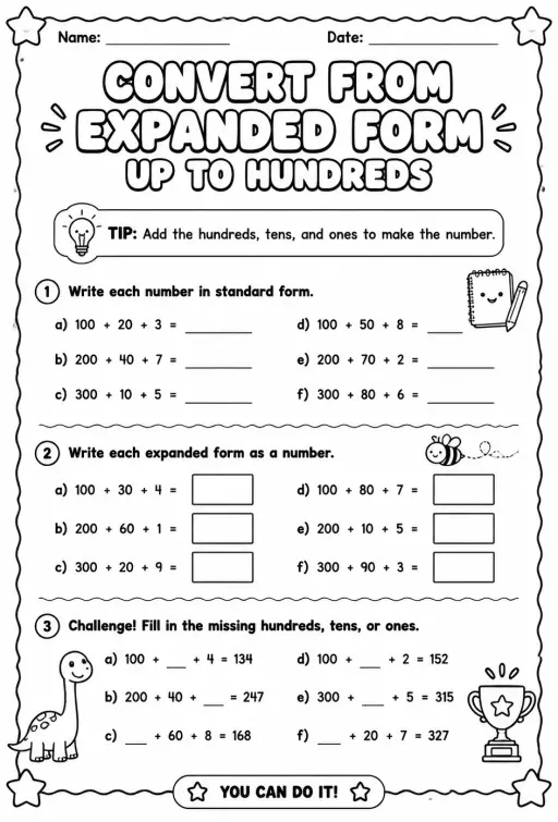 Convert from expanded form - up to hundreds