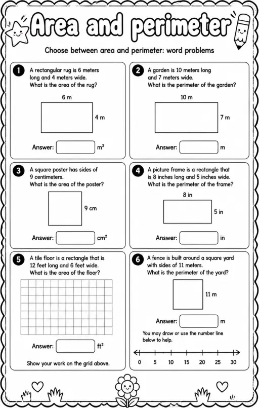 Choose between area and perimeter: word problems