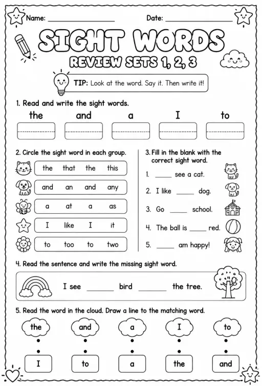 Read sight words: review sets 1, 2, 3